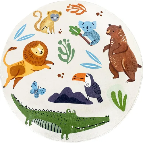 Miniatura 5 de Alfombra de juego para niños, alfombra circular de animales de 4 pies, alfombra redonda de zoológico para dormitorio, para niños y niñas, decoración
