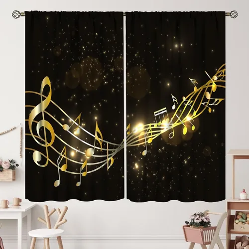 Miniatura 19 de Cortinas de notas musicales, rústicas, mágicas, notas musicales, arte retro, piano y violín, cortina con bolsillo para barra para dormitorio, sala
