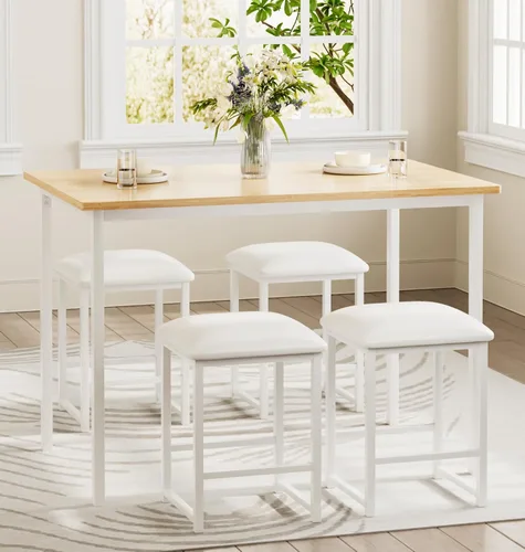 Miniatura 3 de VECELO Mesa y sillas de cocina para 4, juego de comedor con sillas/taburetes de poliuretano, marco de metal resistente, mesa de madera, diseño que