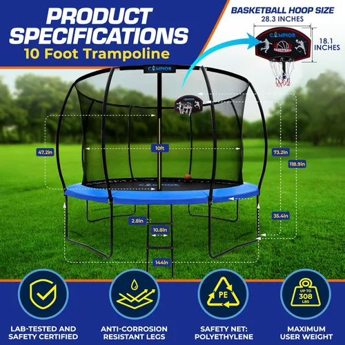 Miniatura 5 de Trampolín de calabaza con aro de baloncesto y recinto interior, seguro, duradero, diversión familiar, resortes galvanizados resistentes, acolchado