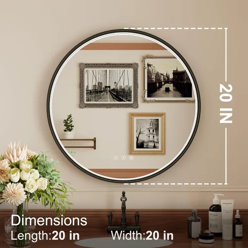 Miniatura 3 de Espejo de baño LED redondo Bluetooth dual de 20 pulgadas con antivaho Black Frame Circle Vanity Mirror with Lights, 3000K/4500K/6000K, Adjustable