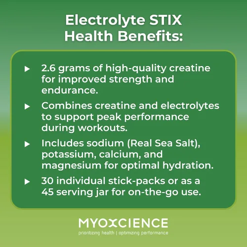 Miniatura 7 de MYOXCIENCE Electrolyte STIX Polvo de electrolito de creatina Recuperación del ejercicio y el desarrollo muscular con sal real