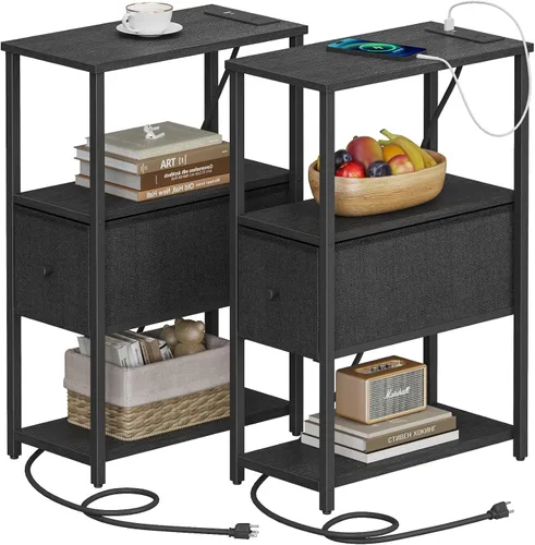 Miniatura 31 de TUTOTAK Mesa auxiliar pequeña y estrecha con LED y estación de carga, mesa lateral con tomas de corriente, mesita de noche con 2 cajones de tela
