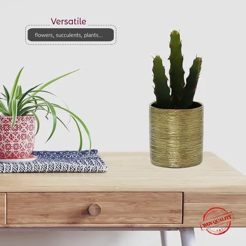 Miniatura 3 de WGVI Jarrón cilíndrico de cerámica grabada en oro, ancho de 6.5 pulgadas de alto, 6 pulgadas, arreglos florales, portavelas, maceta de terrario