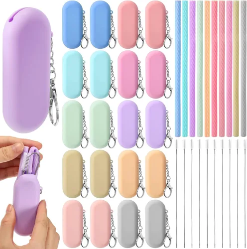 Irenare Juego de 20 popotes de silicona con estuche, reutilizables, plegables, portátiles, de viaje, para beber en frío o caliente, con funda de