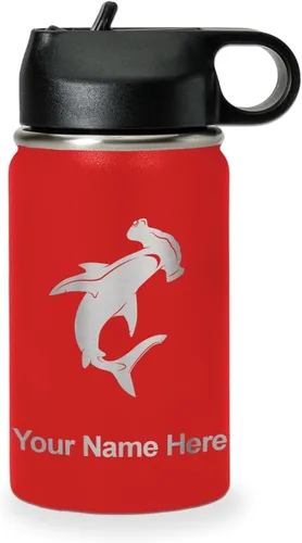 Miniatura 12 de LaserGram Botella de agua personalizada, tiburón martillo, acero inoxidable de doble pared aislada al vacío con popote superior, regalo grabado