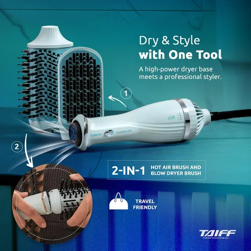 Miniatura 2 de TAIFF Cepillo secador de turmalina – Cepillo térmico iónico de 1200 W con cabezal extraíble – Secador de pelo portátil Cepillo alisador y rizador