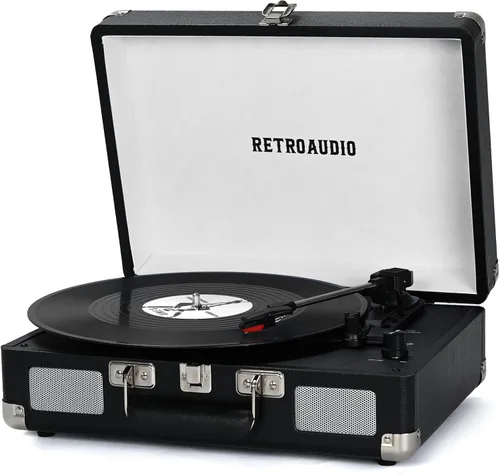 Reproductor de discos de vinilo portátil tipo maleta de 3 velocidades con Bluetooth con transmisión por correa con 2 altavoces estéreo incorporados,