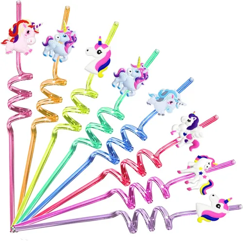 24 pajitas de unicornio reutilizables para fiestas de unicornio, decoración de fiesta de cumpleaños, suministros de decoración para bolsas de