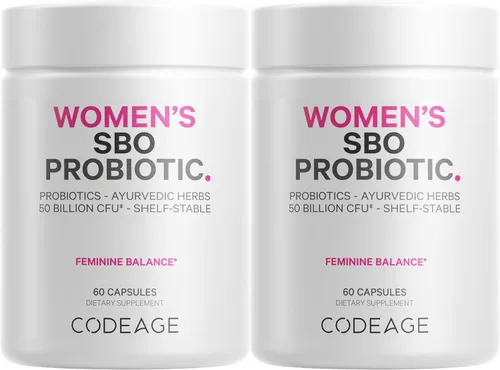 Codeage Suplemento de probióticos para mujeres, 50 mil millones de UFC, probióticos y prebióticos SBO, arándanos, salud femenina, mezcla botánica