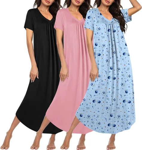 Miniatura 21 de Ekouaer Paquete de 3 camisones largos para mujer, talla grande, vestido de casa de manga corta, cuello en V, camisón casual, M-5XL