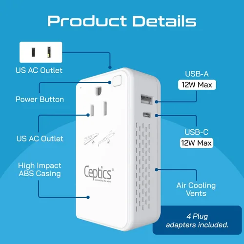 Miniatura 7 de Ceptics Convertidor de voltaje reductor de 200 W – Convertidor de voltaje de 220 V a 110 V para rizador, alisador, cargador – Carga rápida USB-A y C