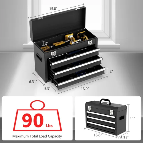 Miniatura 2 de Caja de herramientas portátil de metal con 3 cajones, caja de herramientas metálica portátil con forros EVC y cierres de pestillo, cofre