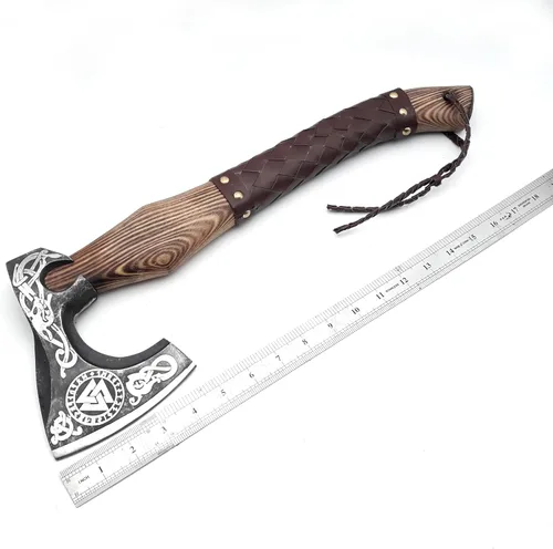 Miniatura 2 de ANCILLA Hacha vikinga de 16 pulgadas para camping, hecha de hoja de acero al carbono forjada a mano y mango de palisandro, el hacha viene con funda