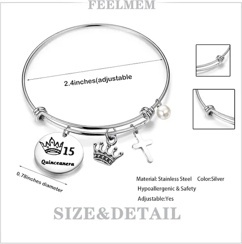 Miniatura 7 de FEELMEM Quinceañera - Pulsera de 15 cumpleaños para niñas y niñas 15 años de quinceañera brazalete de alambre expandible joyería de membrillo