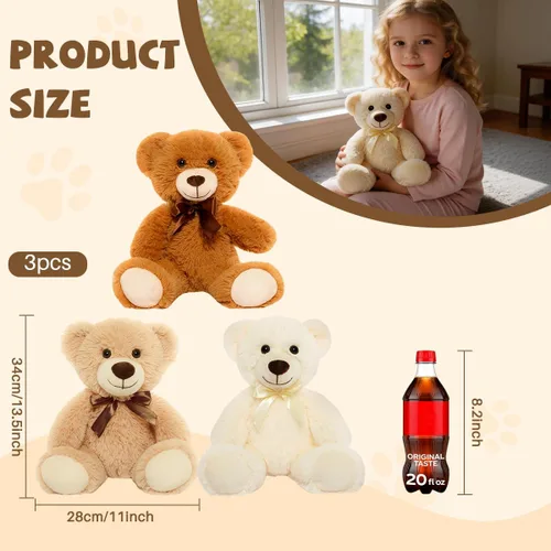 Miniatura 2 de 3 piezas de oso de peluche de 13.5 pulgadas, suave, de peluche, a granel, lindos juguetes de peluche para niños, baby shower, cumpleaños