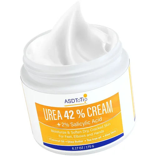 ASDToTio Crema de urea 42% – Cuidado de pies para talones secos agrietados, loción para pies – Con 2% de ácido salicílico, aceite de árbol de té,