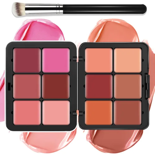 Paleta de maquillaje de 12 colores en crema [rubor] para mejillas - Kit de paleta de maquillaje de rubor todo en uno con brocha, natural mate de