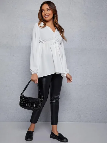 Miniatura 4 de MakeMeChic Camisa de maternidad de manga larga con cordón en la cintura para embarazo, blusa peplum