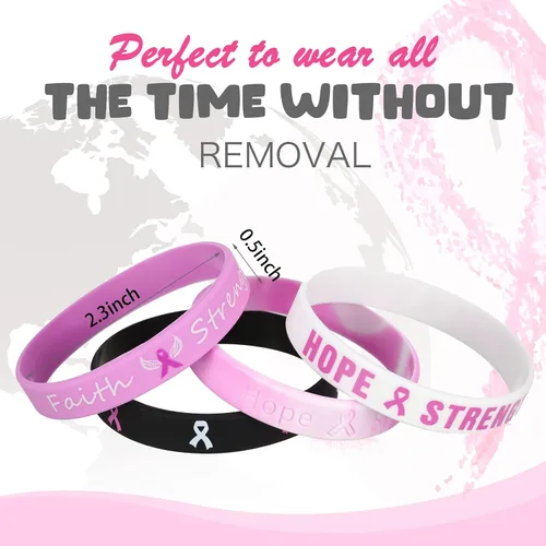Miniatura 5 de Minatee 100 pulseras de concientización sobre el cáncer de mama, pulseras de silicona con cinta rosa con esperanza, fe, fuerza, coraje, apoyo