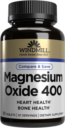 Windmill Vitaminas naturales óxido de magnesio 400 mg, apoyo inmunológico, apoya la recuperación muscular, apoya la salud del corazón, 60 unidades,