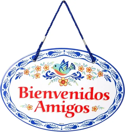 Essence of Europe Gifts Letrero de cerámica tradicional latino de 8.75 x 6 pulgadas, letrero de bienvenida español con ilustraciones en relieve