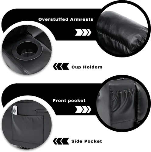 Miniatura 6 de Rocker - Silla reclinable con calor y masaje, silla reclinable giratoria de 360° para adultos, asiento reclinable de piel sintética con 2 portavasos