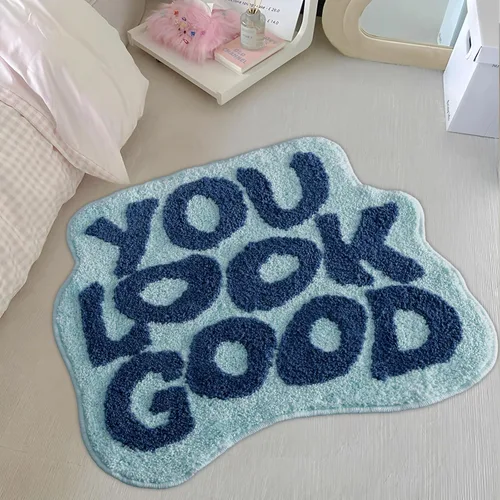 Miniatura 8 de Alfombra de baño negra con texto en inglés "You Look Good", alfombra de baño divertida, bonita, antideslizante, de microfibra, de felpa, pequeña