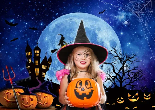 Miniatura 3 de Telón de fondo de Halloween de noche de luna de terror para fiestas, castillo embrujado, decoración de fiesta aterradora