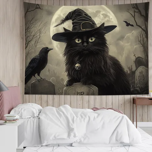 Miniatura 9 de EOBTAIN Scary Halloween Tapestry Gothic Black Crow Skull in Horror Graveyard Tapestry Wall Hanging Spooky Raven under Misty Full Moon Night Wall Art