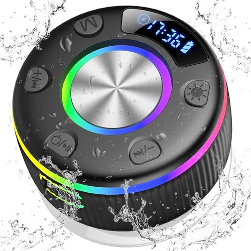 Miniatura 10 de Altavoz de ducha Bluetooth, IP7 impermeable, portátil, Bluetooth 5.3 con ventosa, mini altavoz inalámbrico con luces RGB, pantalla de tiempo, sonido