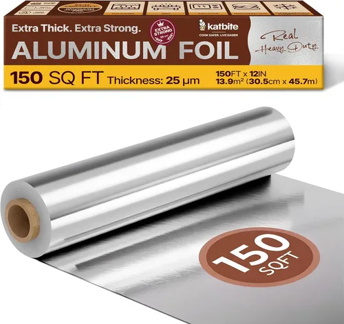 Katbite Rollo de papel de aluminio, resistente de 12 pulgadas x 150 pies, rollo de aluminio resistente de 30 micras de grosor con cortador para