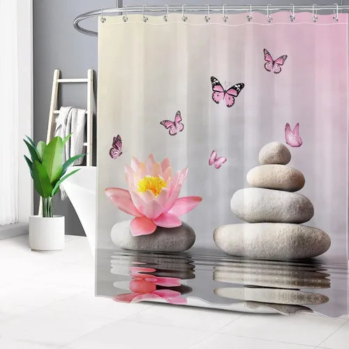 Miniatura 8 de Water Lily and Zen Stone Shower Curtain Pink Butterfly and Floral on Water Nature Scenery Shower Curtain for Bathroom Spa Relaxation Fabric Bath