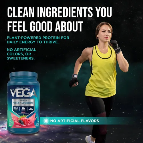 Miniatura 9 de Vega Protein + Supergreens - 20g de proteína a base de plantas, sabor a bayas, 26 porciones, verduras y vegetales reales, vegano keto, 0g de azúcar