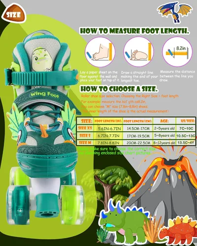 Miniatura 2 de Dino - Patines de ruedas para niños y niñas, WESKIFAN Dinosaur Quad Skating Shoes con ruedas brillantes y tamaños ajustables para principiantes