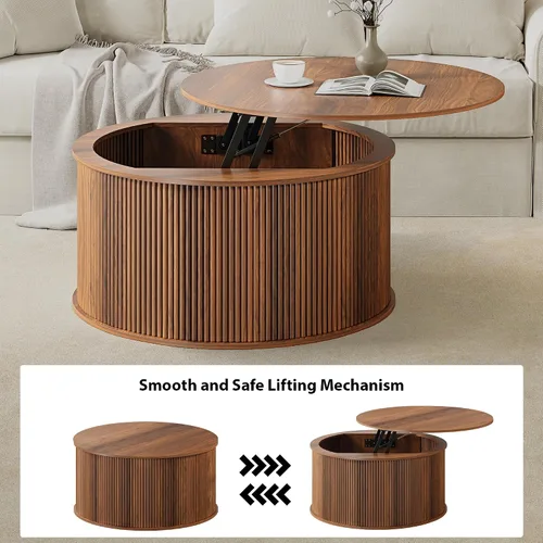 Miniatura 6 de Mesa de Centro con Tapa Elevable, Mesa de Centro Redonda Acanalada con Almacenamiento, Mesa de Comedor Central Estilo Granja Mesa Circular para Sala