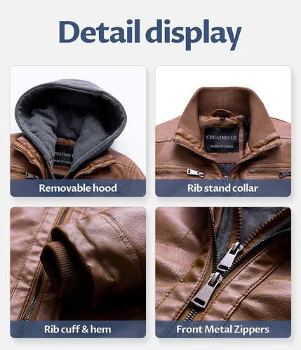 Miniatura 6 de CREATMO US Chaqueta de piel sintética para hombre, impermeable, resistente al viento, PU con capucha extraíble