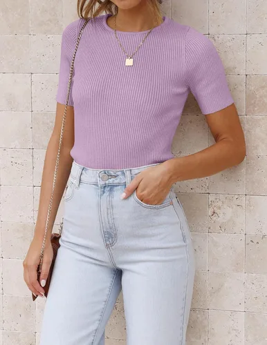 Miniatura 2 de ZESICA Camiseta de manga corta con cuello redondo y punto acanalado para mujer, ajustada, camiseta básica de verano 2023 de color sólido