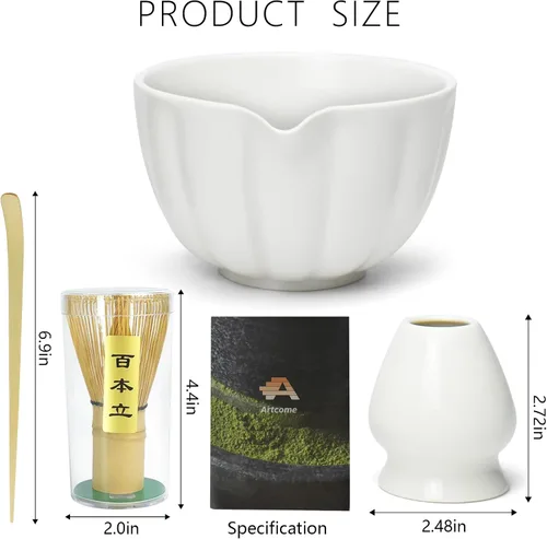 Miniatura 2 de Artcome Juego de té Matcha japonés de 4 piezas, cuenco Matcha con boquilla de vertido, batidor de matcha, cuchara de té, soporte para batidor, kit