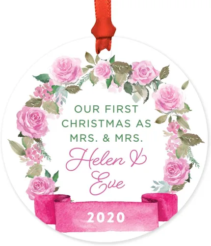 Miniatura 32 de Andaz Press Adorno de Navidad de madera grabado con láser para aniversario de boda, 1 año juntos, Navidad 2025, pancarta de flores rosas, 1 paquete