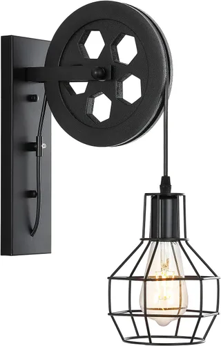 Miniatura 10 de 1 Luminaria Industrial de Mediados de Siglo Retro de Hierro para Pared con Polea Elevadora, Lámpara de Pared que Presenta Pantalla de Jaula