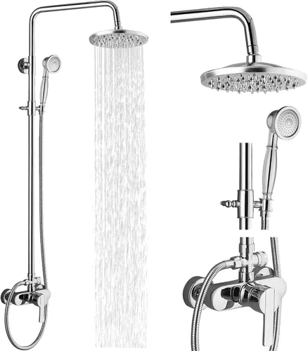 Airuida Sistema de ducha expuesto, cabezal de ducha de lluvia de 8 pulgadas con rociador de mano, juego de grifo de ducha de montaje en pared de una