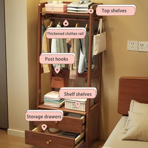 Miniatura 3 de Solid Wood Clothes Rack, Freestanding Clothing Rack, 5-in-1 Design Garment Rack, Large Capacity Coat Rack with Hooks and Storage Cabinet, Hall Tree