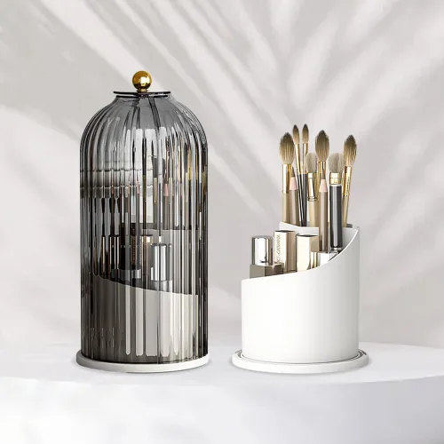 Miniatura 3 de Soporte para brochas de maquillaje con tapa, organizador de herramientas cosméticas de apertura deslizante giratoria de 360°, organizador de brochas