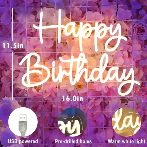 Miniatura 3 de Letrero de neón de feliz cumpleaños, letrero de luz LED de 16 x 11.5 pulgadas con 4 modos de iluminación y 5 niveles de brillo, alimentado por