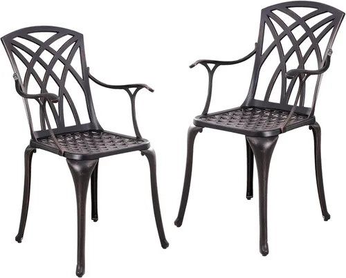 Juego de 2 sillas de patio al aire libre, sillas de comedor biistro de aluminio fundido con reposabrazos, sillas de comedor de metal para jardín,