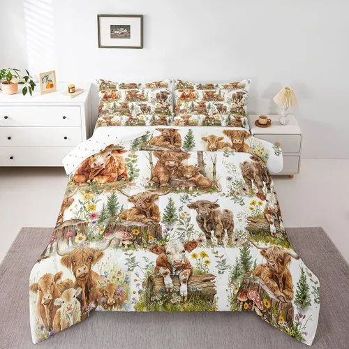 Miniatura 9 de Erosebridal Highland Cow - Juego de edredón tamaño matrimonial, juego de ropa de cama de toro de cuerno largo occidental para niños y adultos, Verde