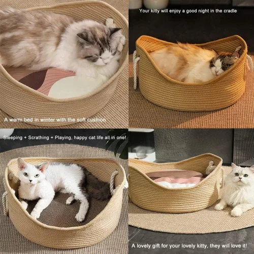 Miniatura 4 de Cama de algodón tejida para gatos con cuerda de algodón para perros pequeños y gatos, cesta de nido para dormir, hecha a mano, cuna natural