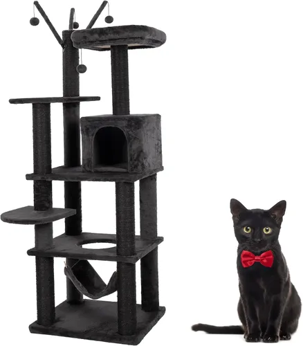 Miniatura 8 de KAMABOKO Árbol gótico para gatos, torre negra para gatos de 30.3 pulgadas con cama de ataúd, condominio para gatos con postes rascadores de sisal