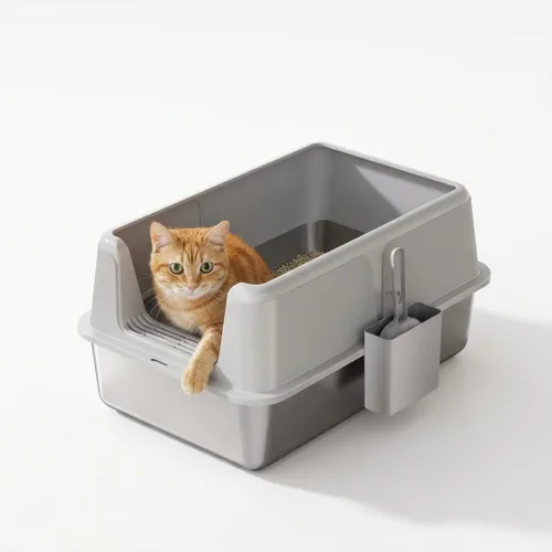 Miniatura 5 de Caja de arena para gatos de acero inoxidable, caja de arena de metal cerrada XL con tapa y filtro de arena lateral, diseño antiadherente antifugas
